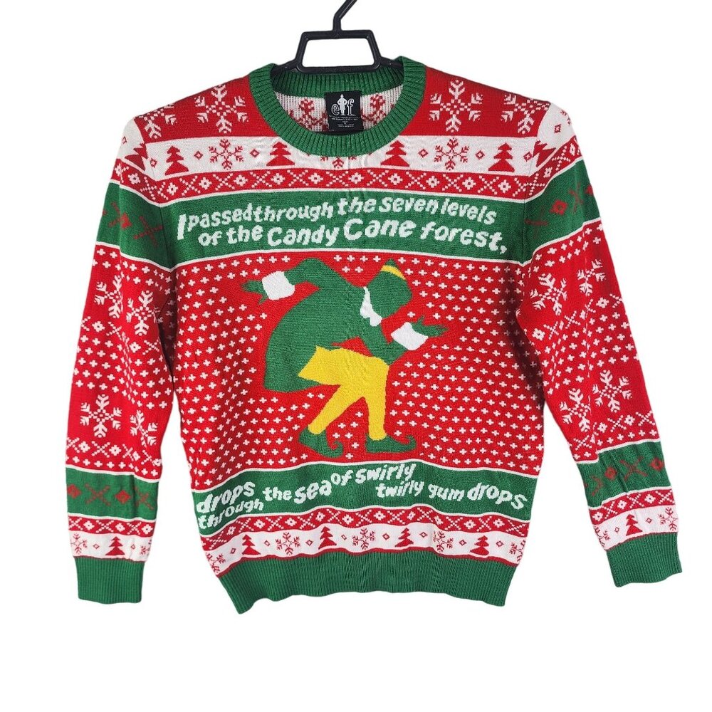 Mens Buddy Elf Christmas Sweater Red & Green Long Sleeve Crew Neck Size M